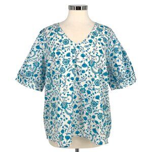Draper James V-Neck Puff Sleeve Top Blue Paisley Floral Size XL NWT
